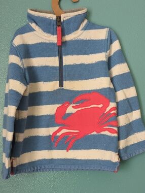 Boden Blue & White Striped Half-Zip Top with Coral Crab